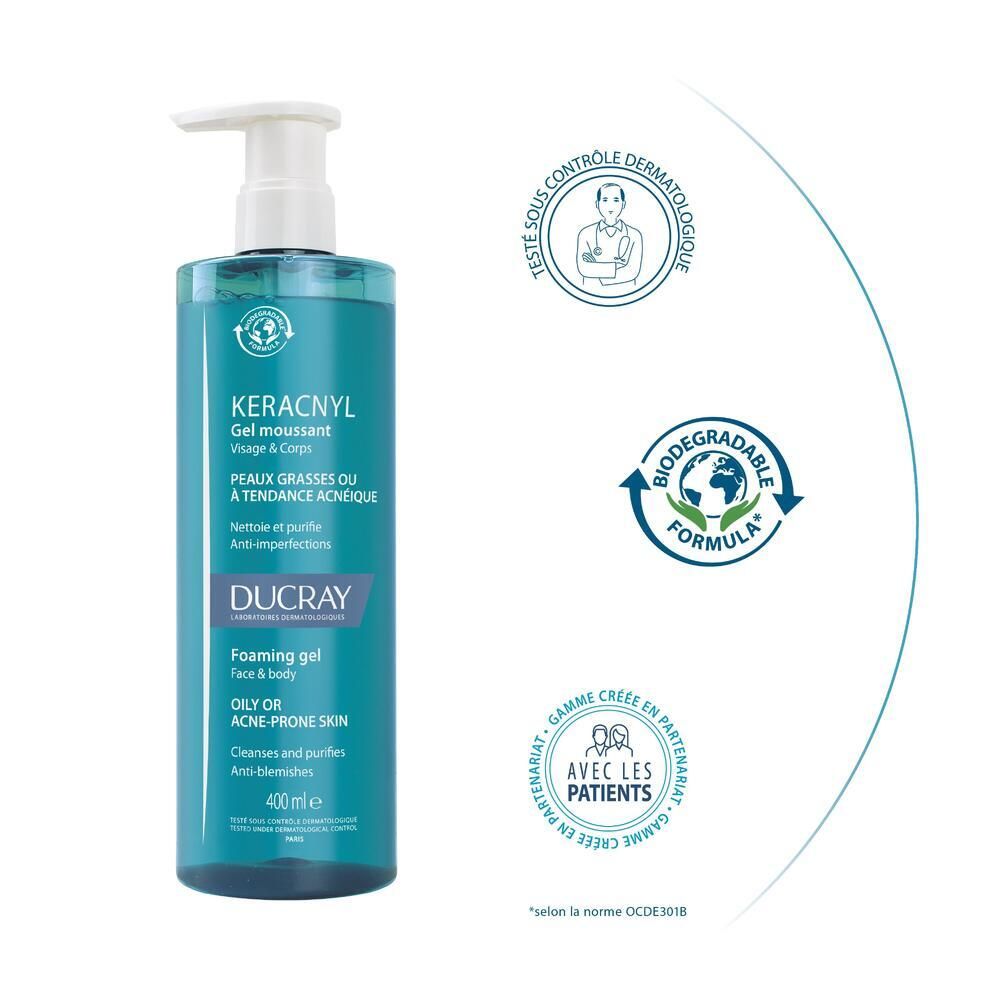 Flacon avec pompe. Logos : contrôle dermatologique, formule biodégradable, avec les patients.