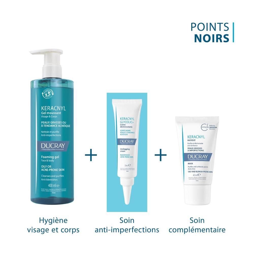 Ensemble de produits : flacon, tube et petit tube. Inscription : Hygiène, anti-imperfections, soin complémentaire.
