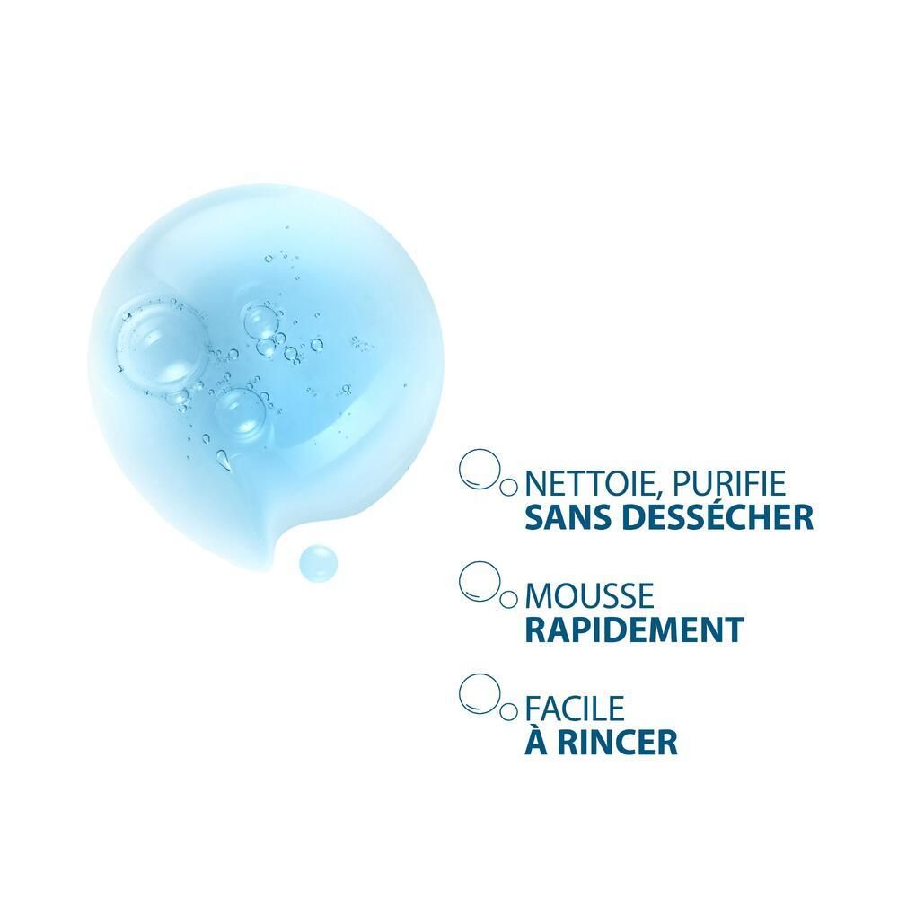 Graphique avec bulle. Texte : Nettoie, purifie sans dessécher. Mousse rapidement. Facile à rincer.