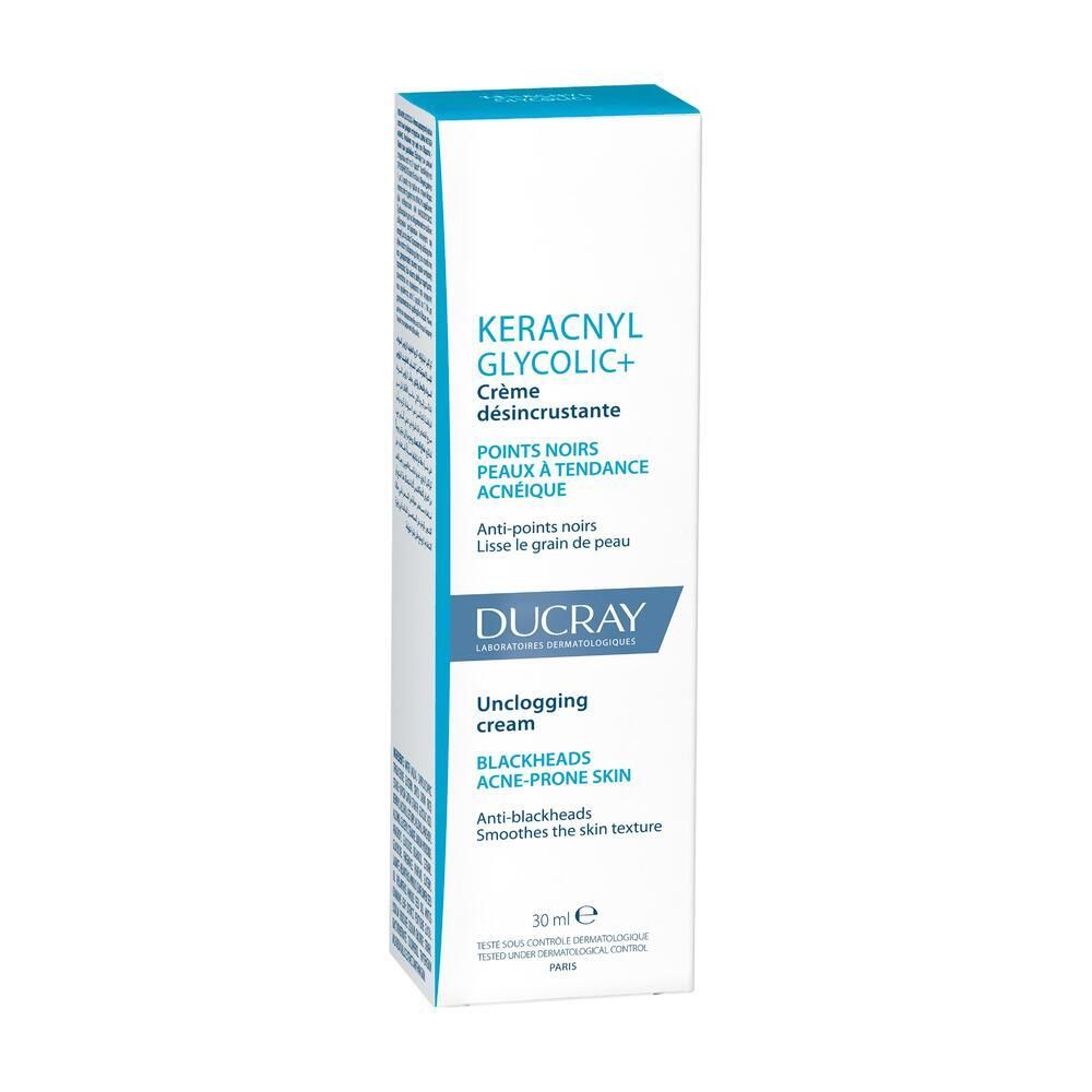 Boîte blanche avec dessus bleu. Inscription : KERACNYL GLYCOLIC+ Crème désincrustante. Logo DUCRAY. 30ml.