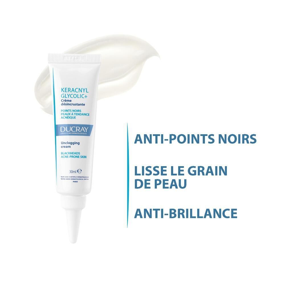 Tube de crème avec coulée de crème. Texte : ANTI-POINTS NOIRS, LISSE LE GRAIN DE PEAU, ANTI-BRILLANCE.