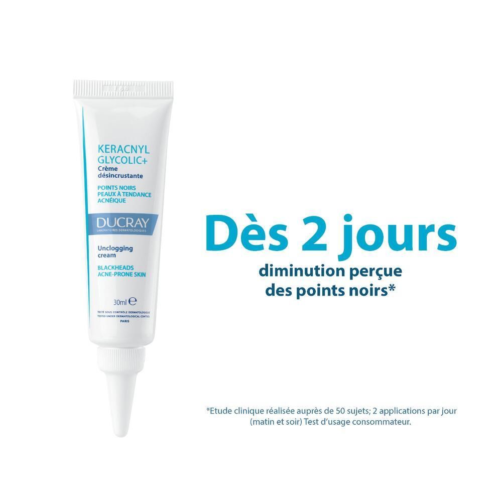 Tube de crème avec texte : Dès 2 jours diminution perçue des points noirs. Informations sur l'étude.