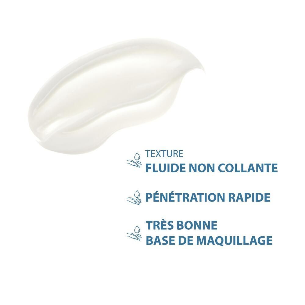 Coulée de crème avec texte : TEXTURE, FLUIDE NON COLLANTE, PÉNÉTRATION RAPIDE, TRÈS BONNE BASE DE MAQUILLAGE.