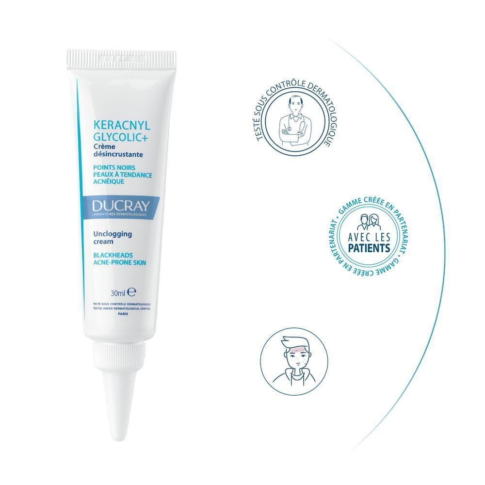 Tube de crème avec symboles : Testé dermatologiquement, avec patients, Gamme créée en partenariat.