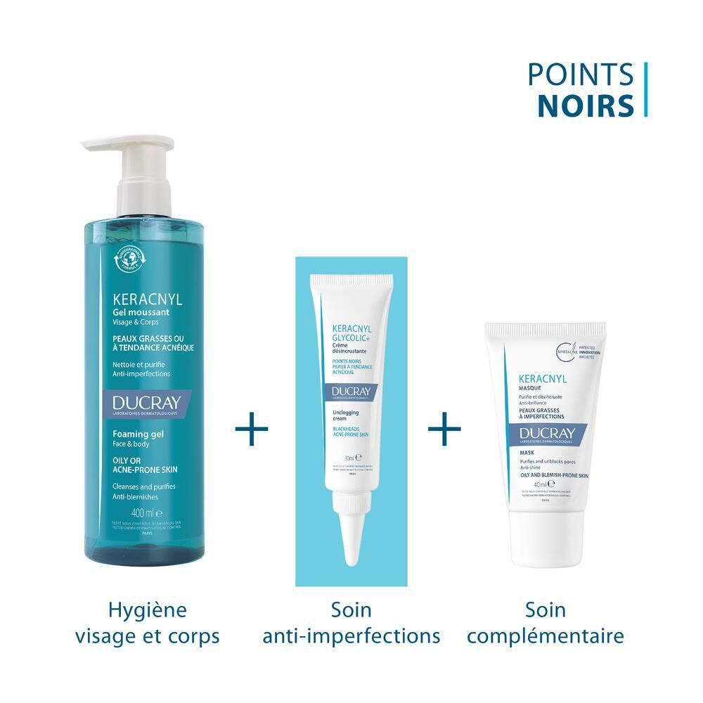 Trois produits : Gel moussant, Crème, Booster. Texte : Hygiène visage et corps, Soin anti-imperfections, Soin complémentaire.