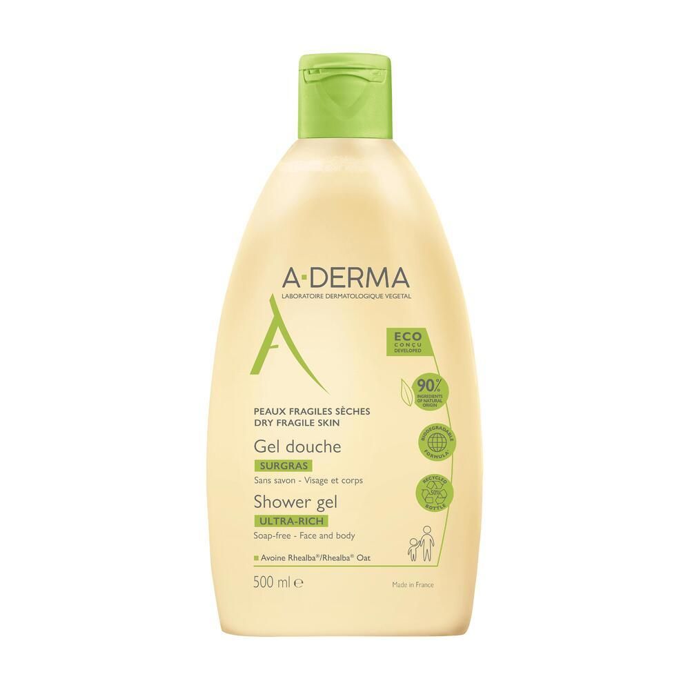 Flacon de gel douche A-DERMA. Liquide jaune, bouchon vert. Inscription : Peaux fragiles sèches, Ultra-Rich, 500 ml.