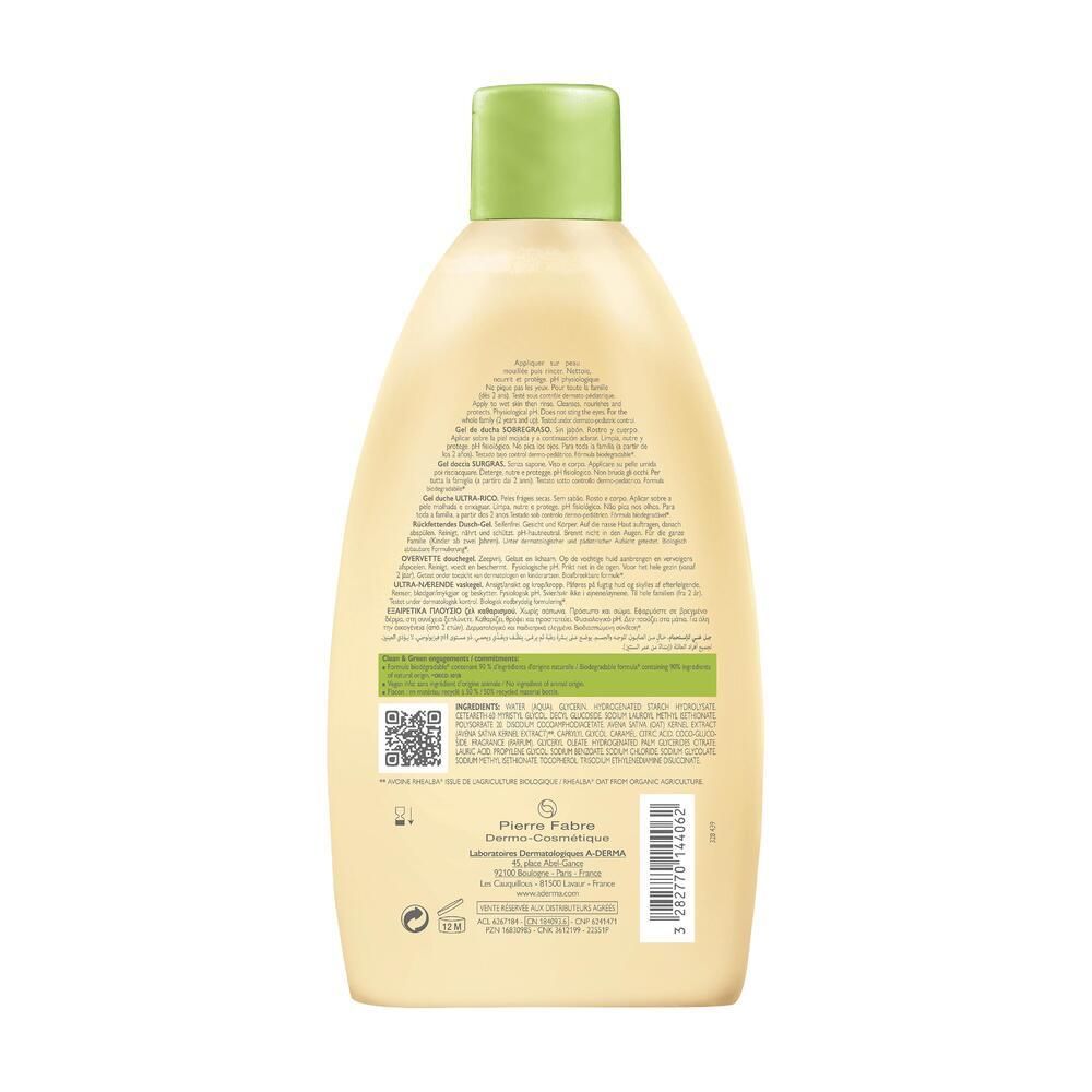 Dos du flacon de gel douche A-DERMA. Texte multilingue. Code QR et informations du fabricant.