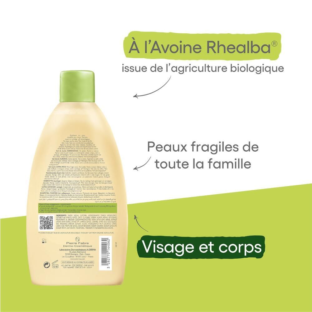 Dos du flacon de gel douche A-DERMA. Texte : À l'Avoine Rhealba, Visage et corps. Code QR et informations du fabricant.