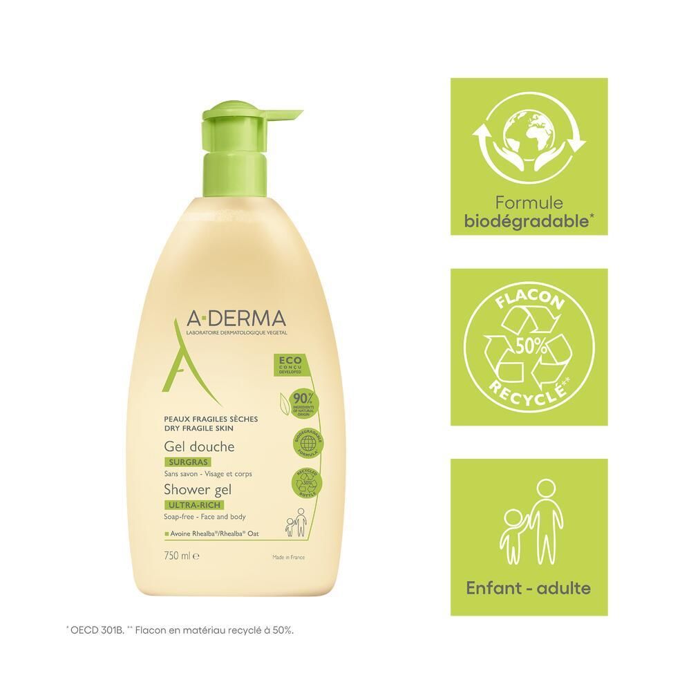 Flacon de gel douche avec logos verts. Texte: A-DERMA, Gel douche, Formule biodegradable, Flacon recycle, Enfant-adulte.