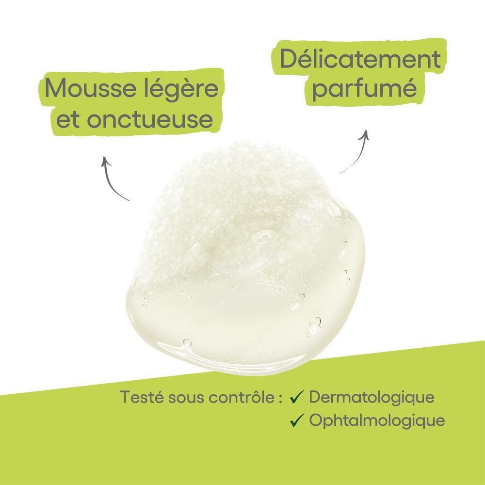 Mousse de gel douche. Texte: Mousse légère et onctueuse, Délicatement parfumé. Testé sous contrôle: Dermatologique, Ophtalmologique.