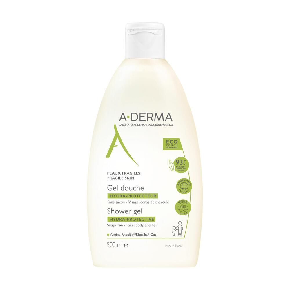 A-DERMA Duschgel-Flasche. Weiß-grüne Flasche mit weißem Deckel. Text: Hydra-Protective, 500 ml, Eco-Formel.