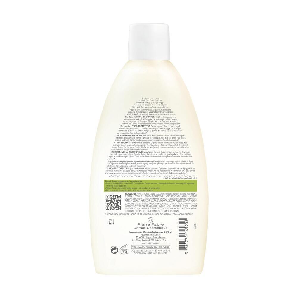 Rückseite der A-DERMA Duschgel-Flasche. Textinformationen in mehreren Sprachen, QR-Code, Herstelleradresse.