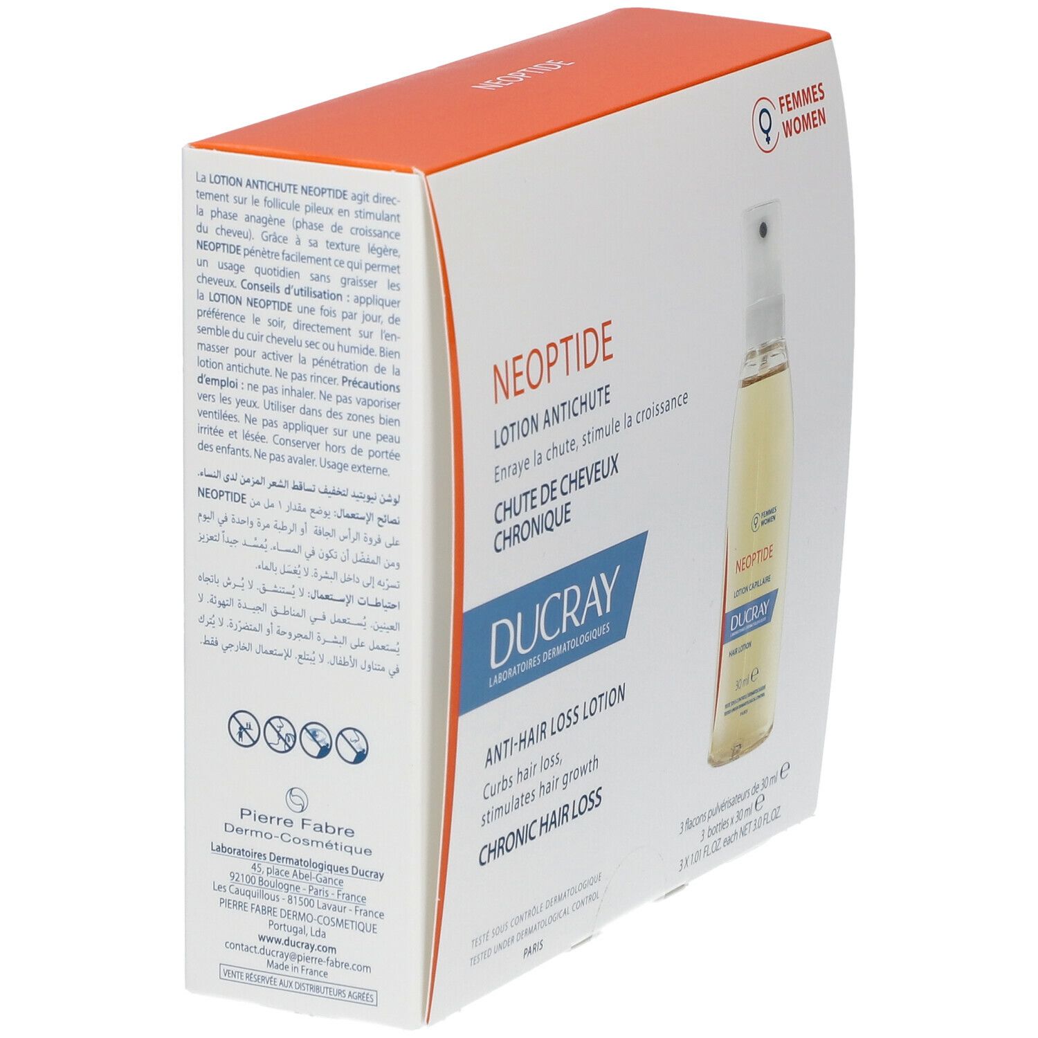 DUCRAY Neoptide Lotion, emballage avec flacon et boîte. Boîte avec texte et flacon. Inscription : Lotion antichute.