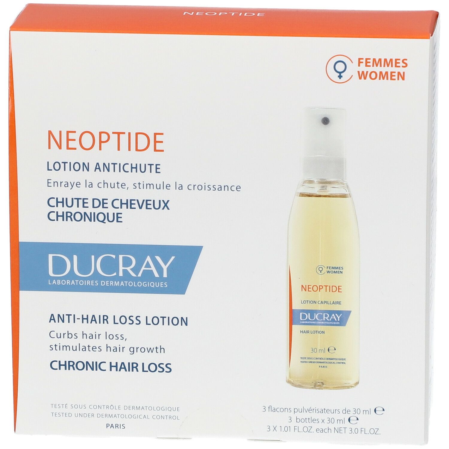 DUCRAY Neoptide Lotion, emballage avec flacon et boîte. Inscription : Lotion antichute pour femmes. Flacon.