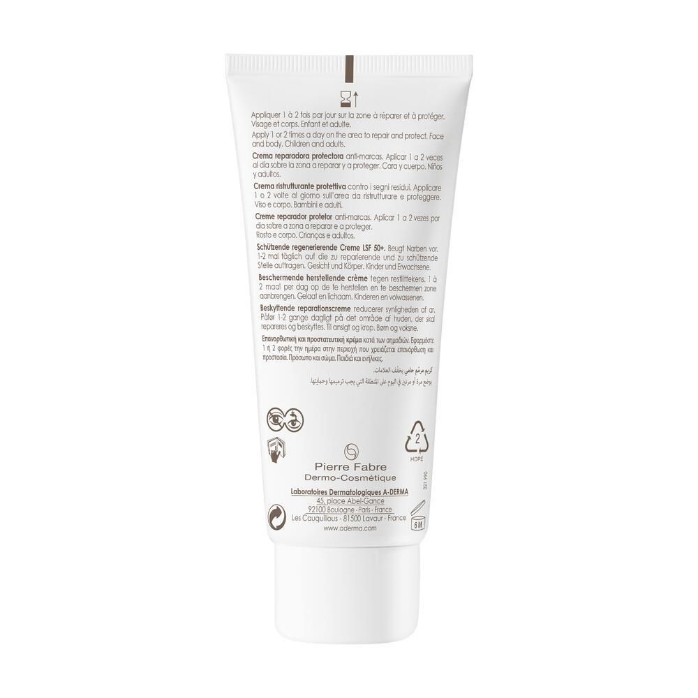Dos du tube A-DERMA EPITHELIALE A.H. ULTRA LSF 50+. Texte multilingue. Symboles de recyclage.