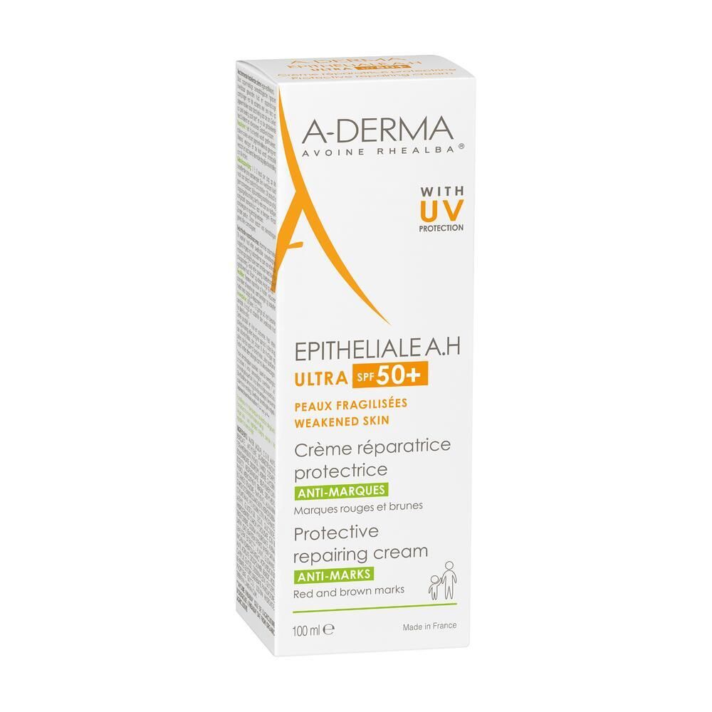 Boîte A-DERMA EPITHELIALE A.H. ULTRA LSF 50+. Boîte blanche, logo orange et texte.