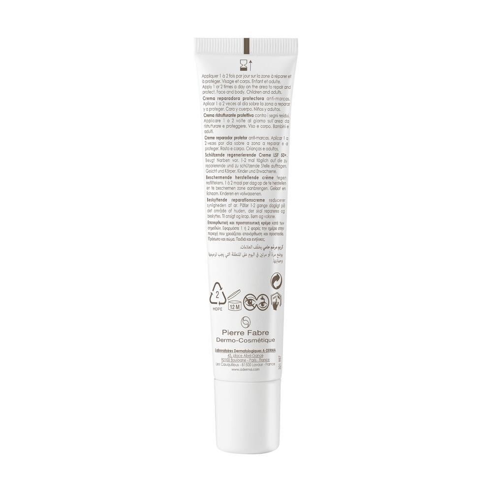 Dos du tube A-DERMA EPITHELIALE A.H. ULTRA SPF 50+. Texte multilingue. Informations fabricant.
