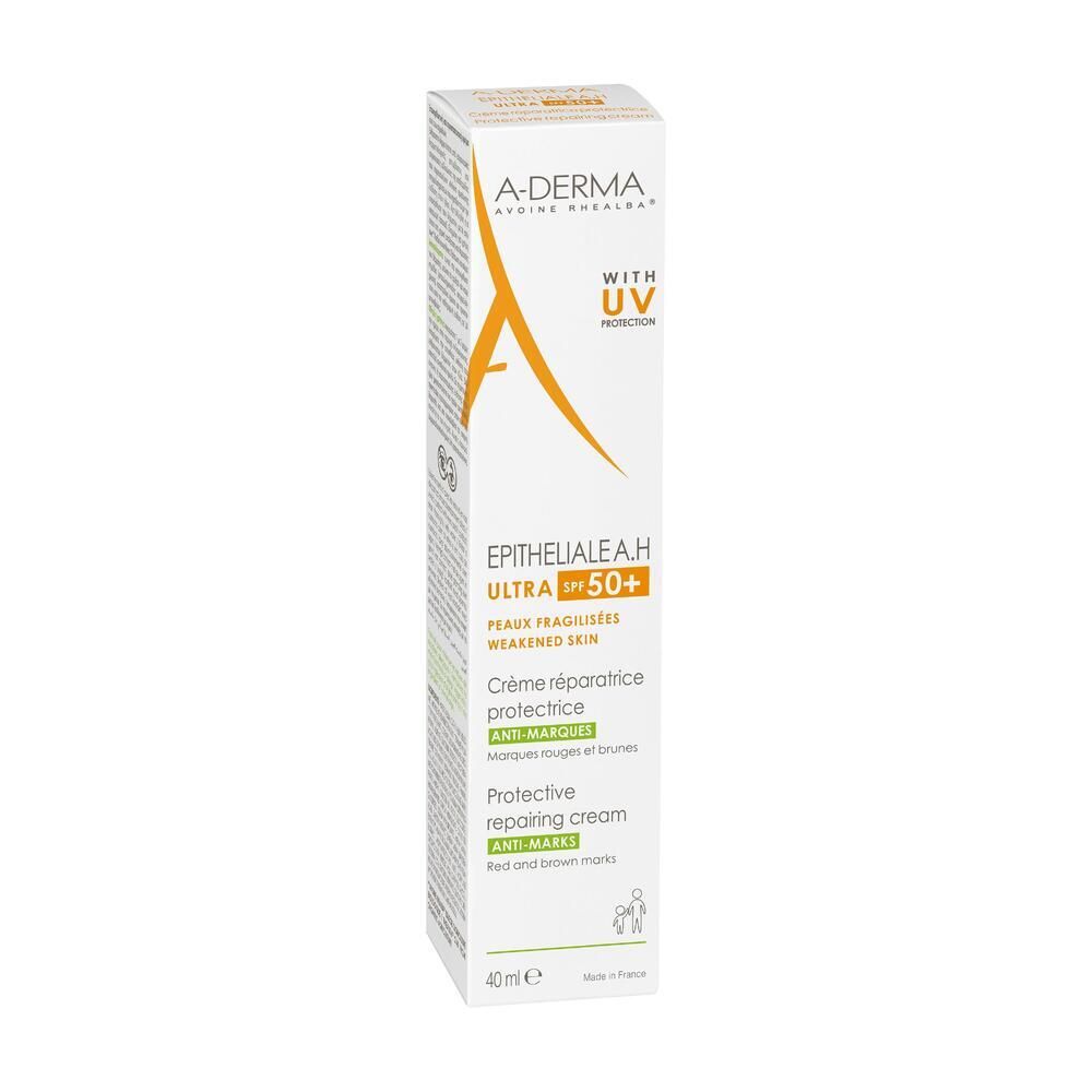 Emballage A-DERMA EPITHELIALE A.H. ULTRA SPF 50+. Boîte blanche avec logo orange et texte. Protection UV.