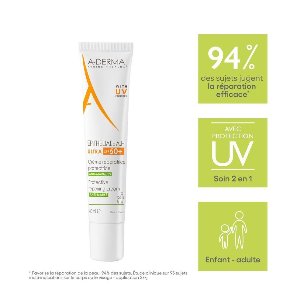 Tube A-DERMA EPITHELIALE A.H. ULTRA SPF 50+. Infos : protection UV, enfant-adulte.