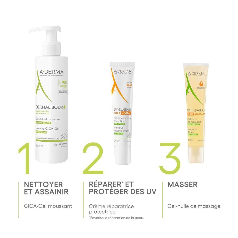 Trois produits : Cica-Gel, crème, gel de massage. Marques A-DERMA. Étiquettes : Nettoyer, Réparer, Masser.