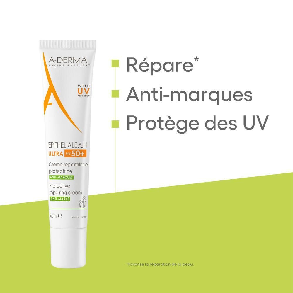 Tube A-DERMA EPITHELIALE A.H. ULTRA SPF 50+. Étiquettes : Répare, Anti-marques, Protège des UV.