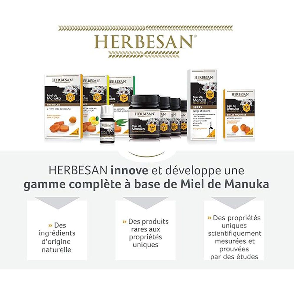 Gamme de produits HERBESAN® Miel de Manuka. Divers produits, dont pots de miel, sprays et gélules.
