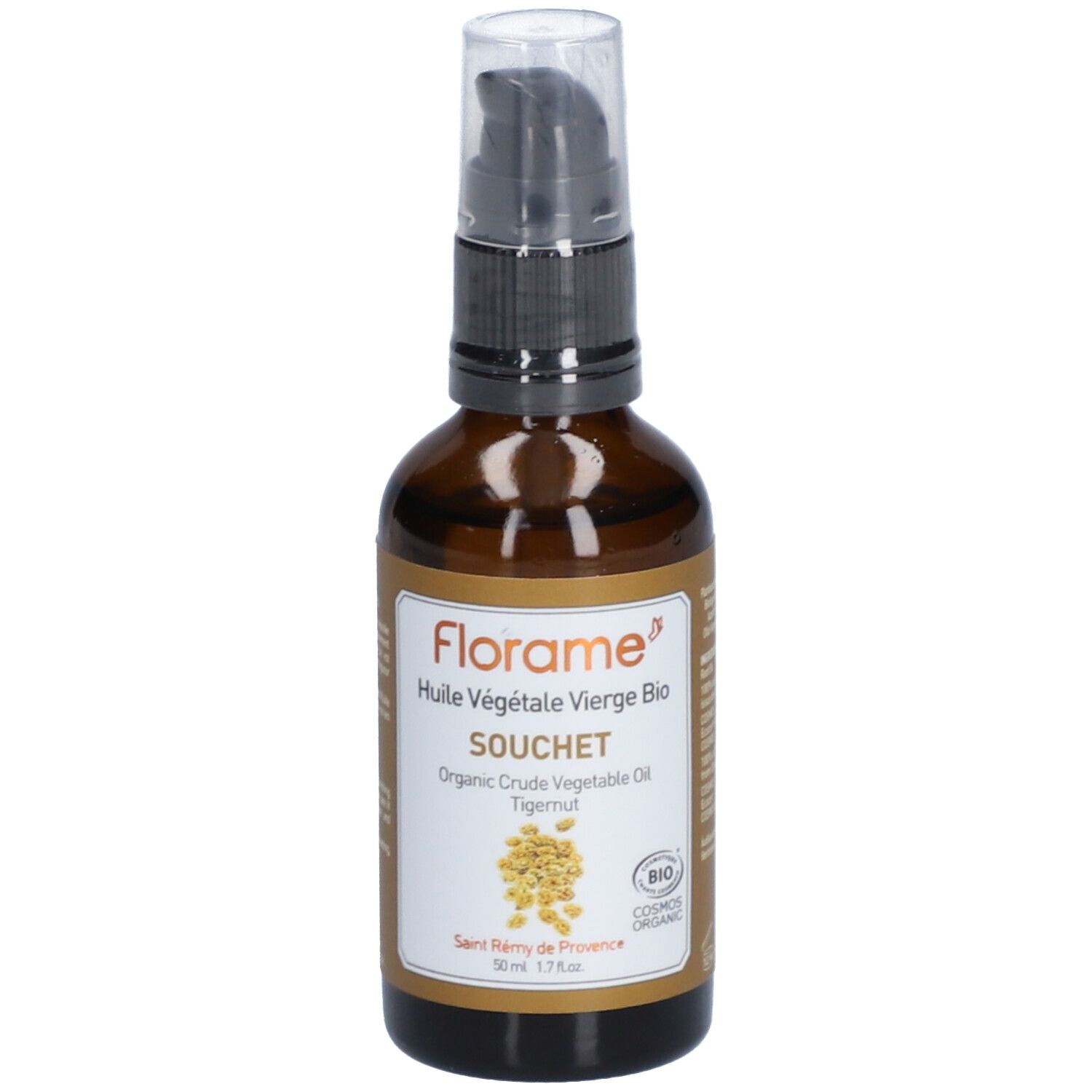 Flacon en verre brun avec pompe noire. Inscription : Florame, Huile Végétale Vierge Bio, Souchet, Organic Crude Vegetable Oil Tigernut.