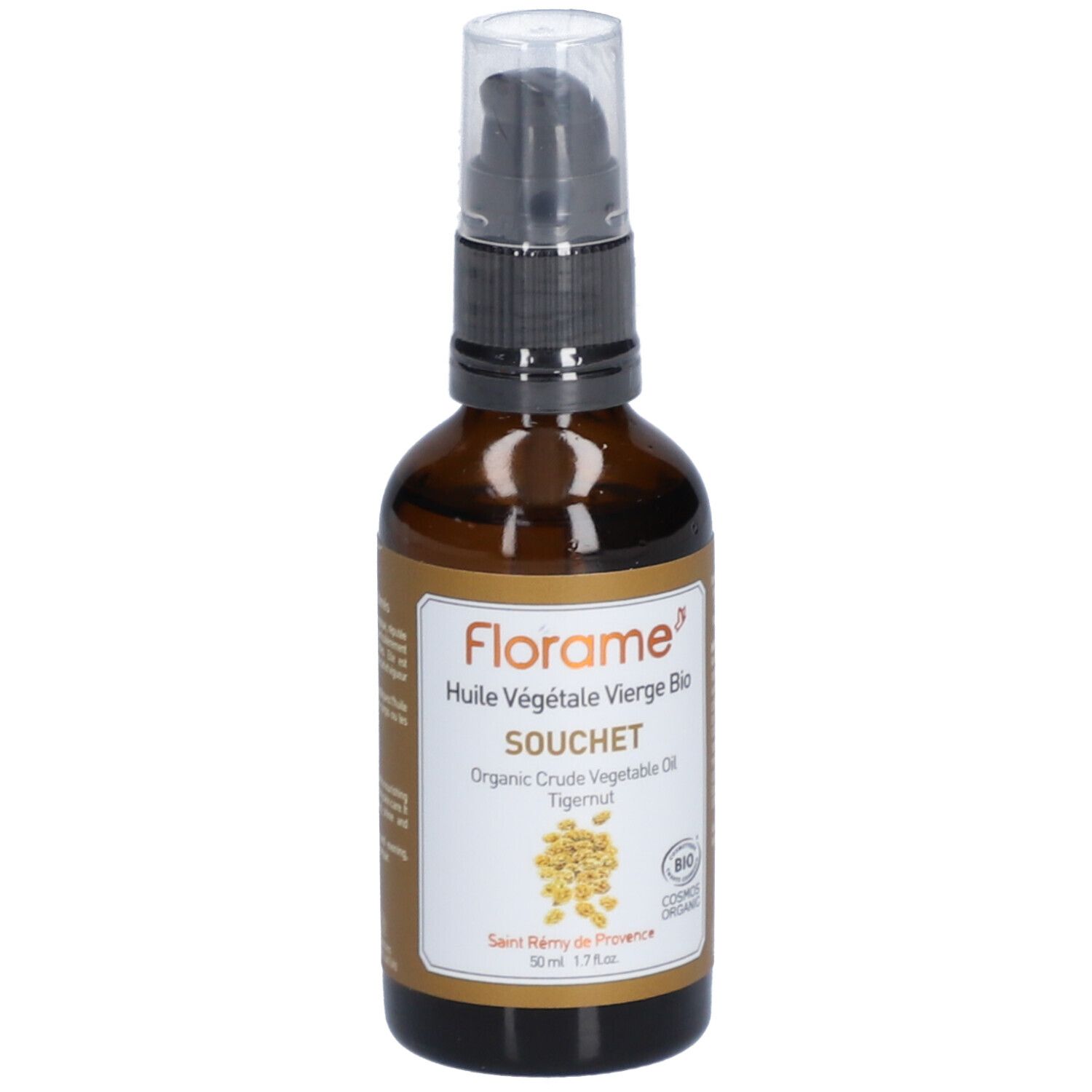 Flacon en verre brun avec pompe noire. Inscription : Florame, Huile Végétale Vierge Bio, Souchet, Organic Crude Vegetable Oil Tigernut. Label bio.