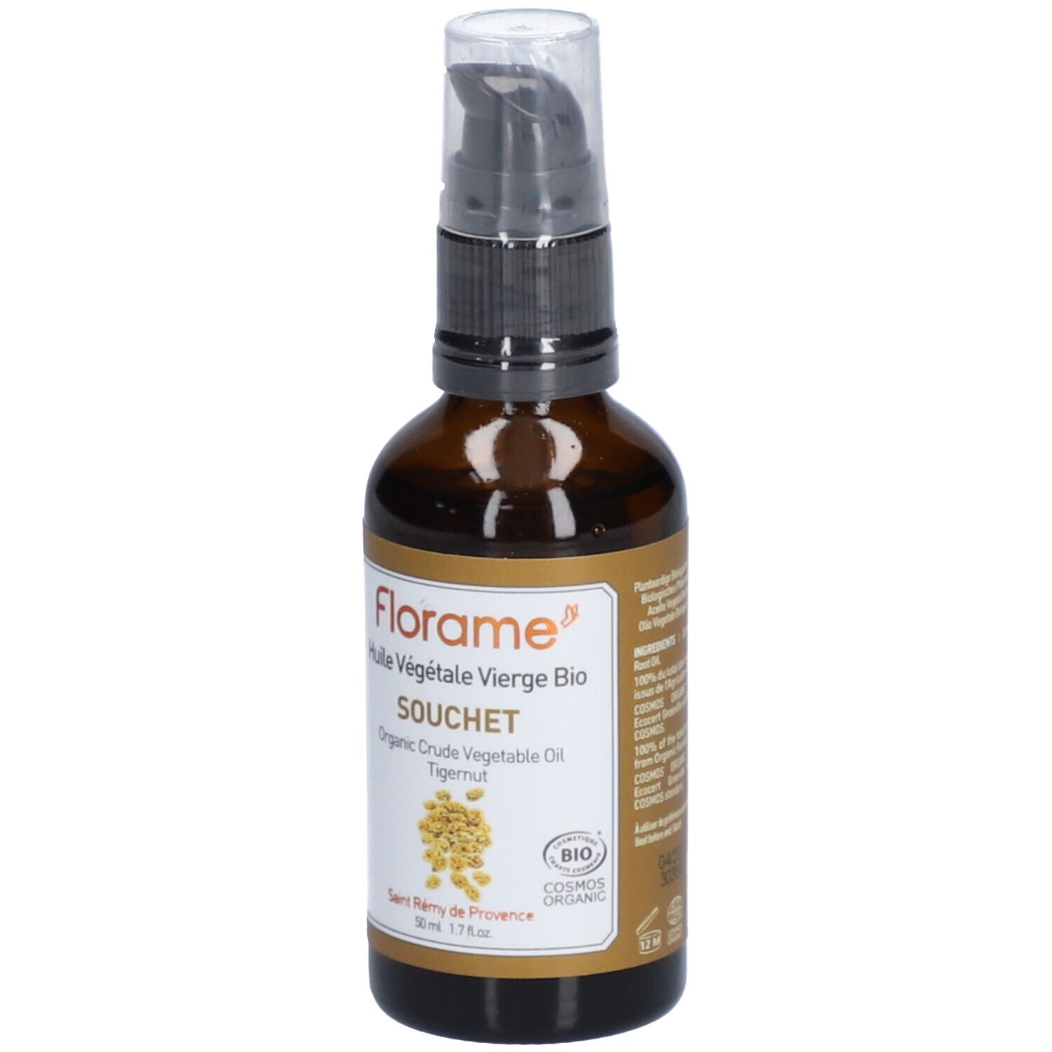 Flacon en verre brun avec pompe noire. Inscription : Florame, Huile Végétale Vierge Bio, Souchet, Organic Crude Vegetable Oil Tigernut. Label bio.