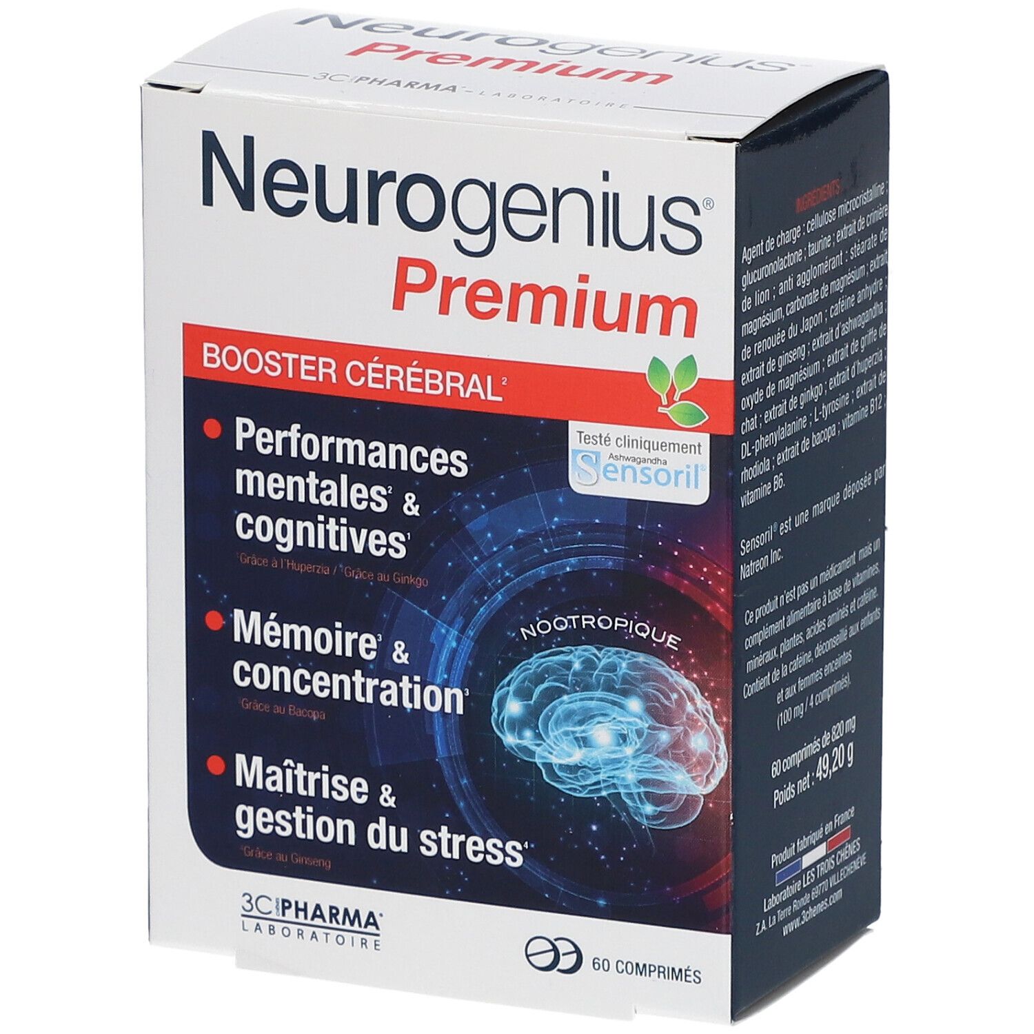 Boîte de Neurogenius Premium. Inscription: Booster cérébral, 60 comprimés. Détails sur les performances mentales et cognitives.