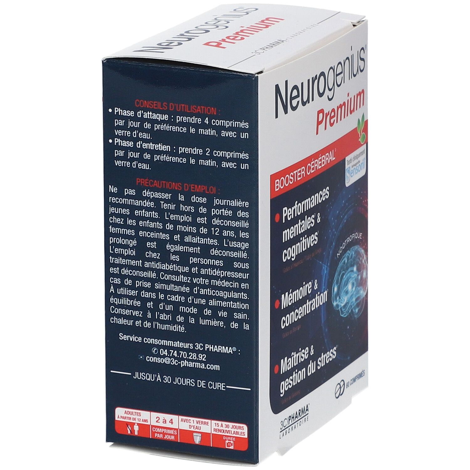 Vue latérale de la boîte Neurogenius Premium. Conseils d'utilisation et précautions. Contient 60 comprimés.