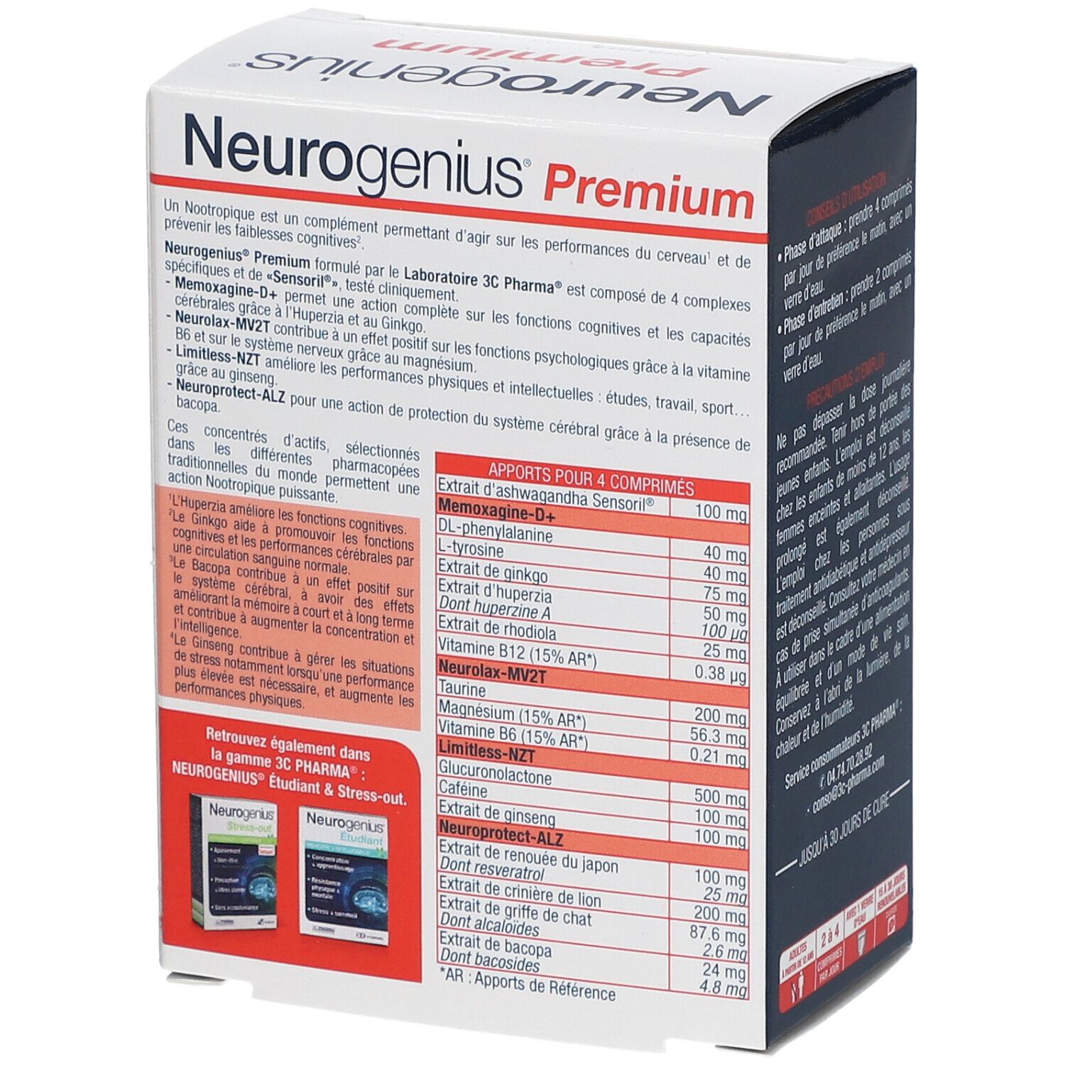 Dos de la boîte Neurogenius Premium. Informations sur les ingrédients et la composition du produit.