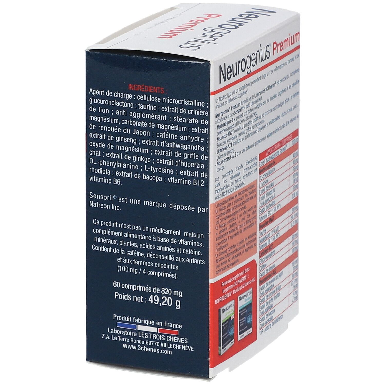 Dos de la boîte Neurogenius Premium. Informations sur les ingrédients et la composition du produit.