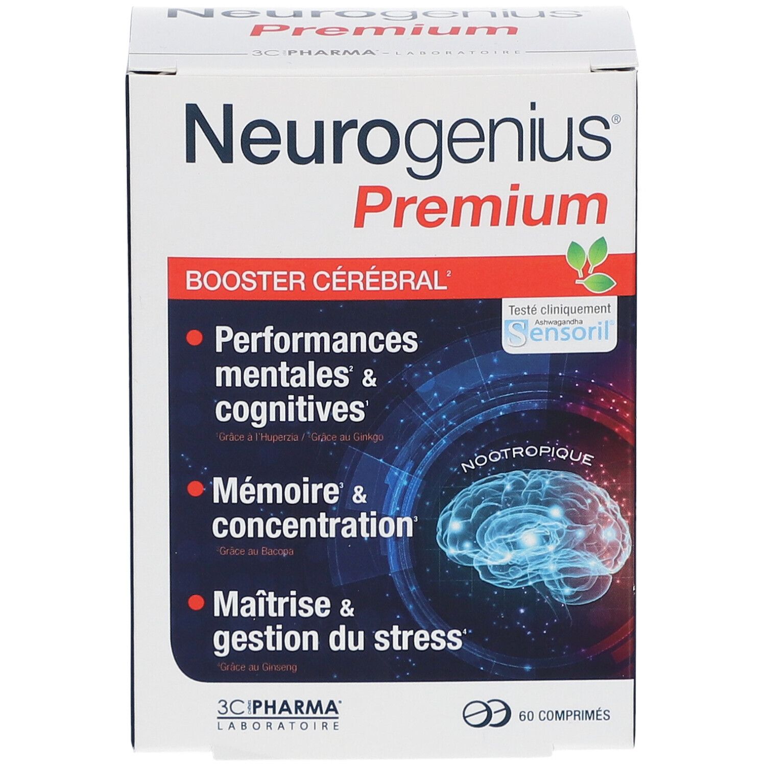 Face avant de la boîte Neurogenius Premium. Informations sur les ingrédients et la composition du produit.