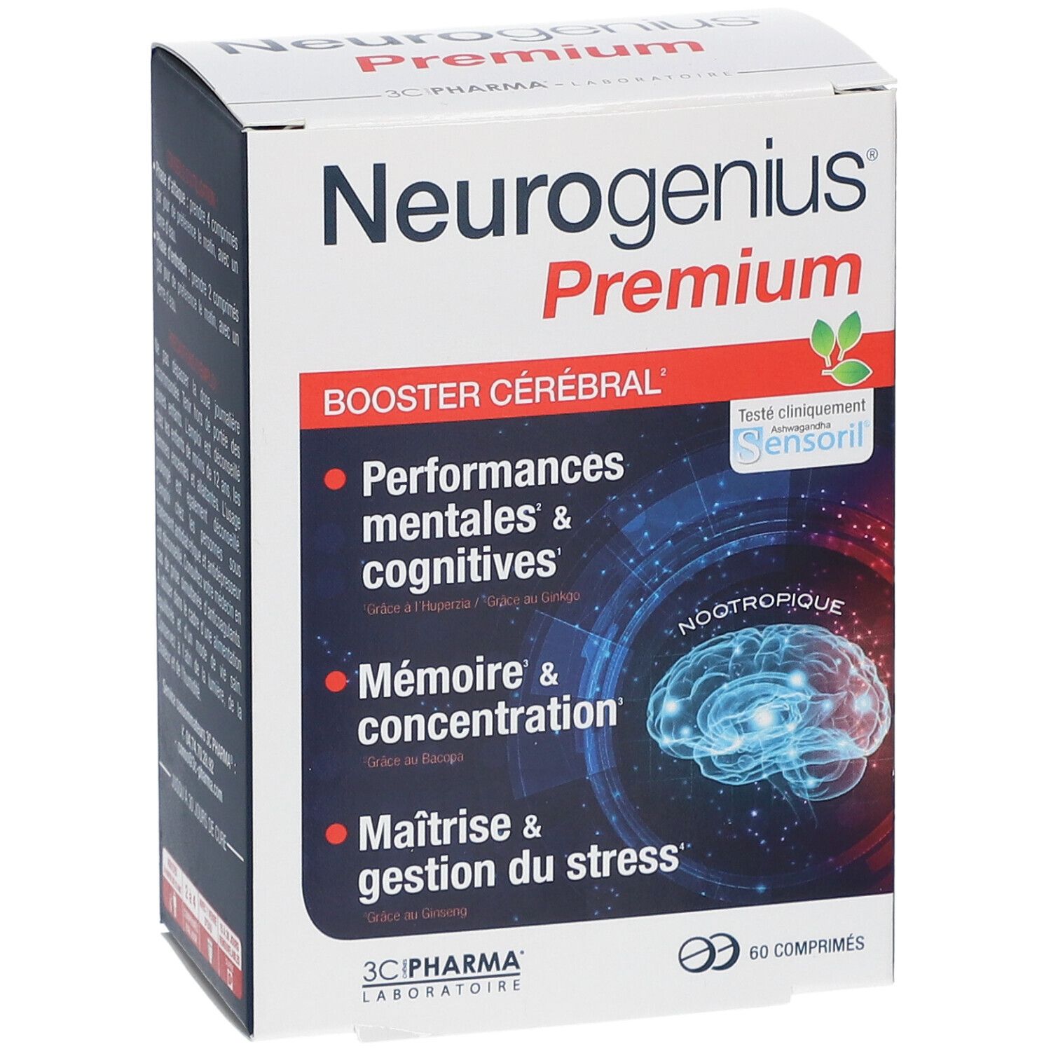 Face avant de la boîte Neurogenius Premium. Informations sur les ingrédients et la composition du produit.