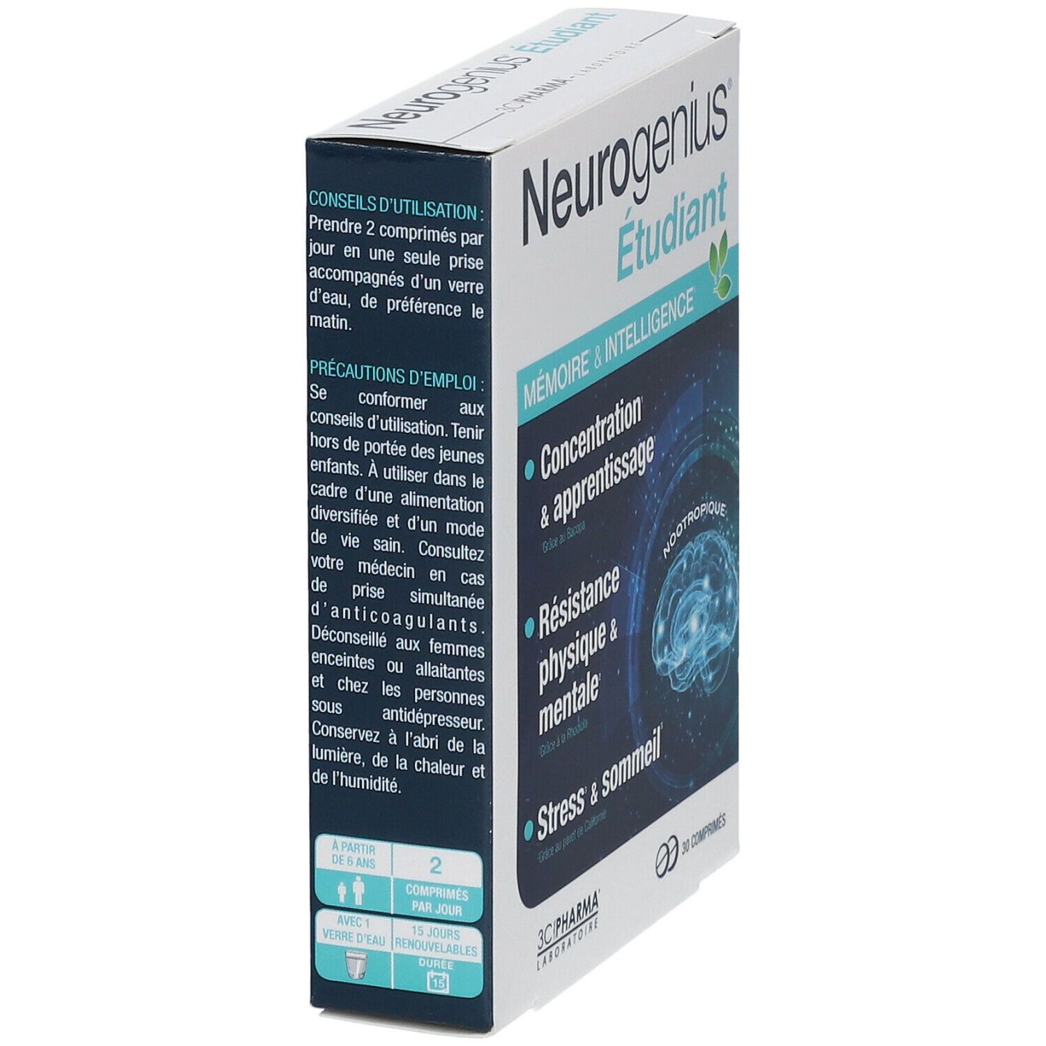 Vue latérale de la boîte 3C PHARMA Neurogenius Étudiant. Texte : Conseils d'utilisation, Precautions d'emploi. 30 comprimés.