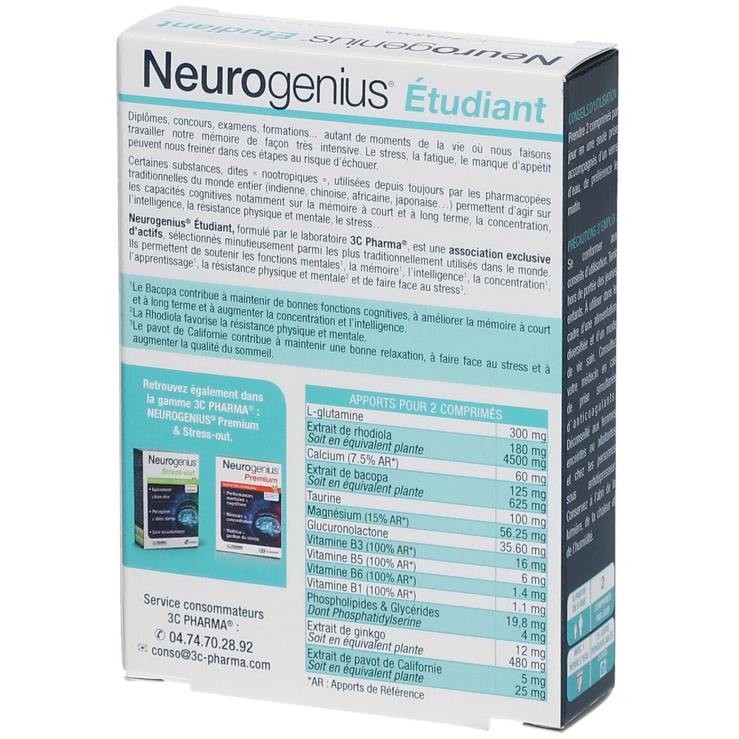 Dos de la boîte 3C PHARMA Neurogenius Étudiant. Texte : Apports pour 2 comprimés. Ingrédients et informations nutritionnelles.