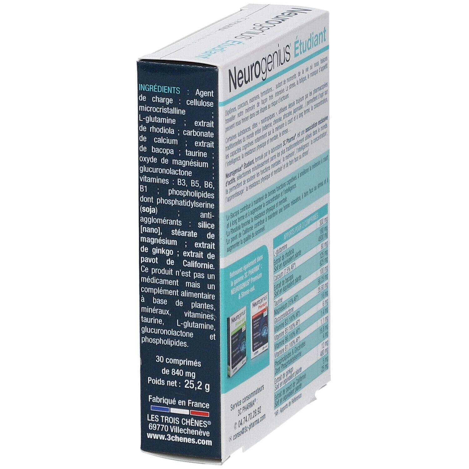 Vue latérale de la boîte 3C PHARMA Neurogenius Étudiant. Texte : Ingrédients, 30 comprimés, poids 25,2 g.