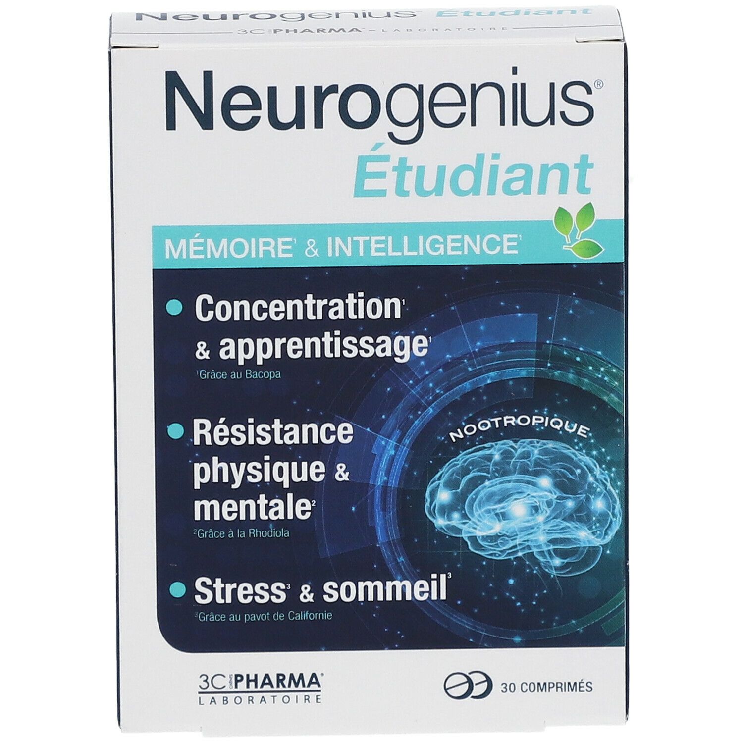 Vue de face de la boîte 3C PHARMA Neurogenius Étudiant. Inscription : Mémoire & Intelligence, 30 comprimés. Emballage bleu et blanc.