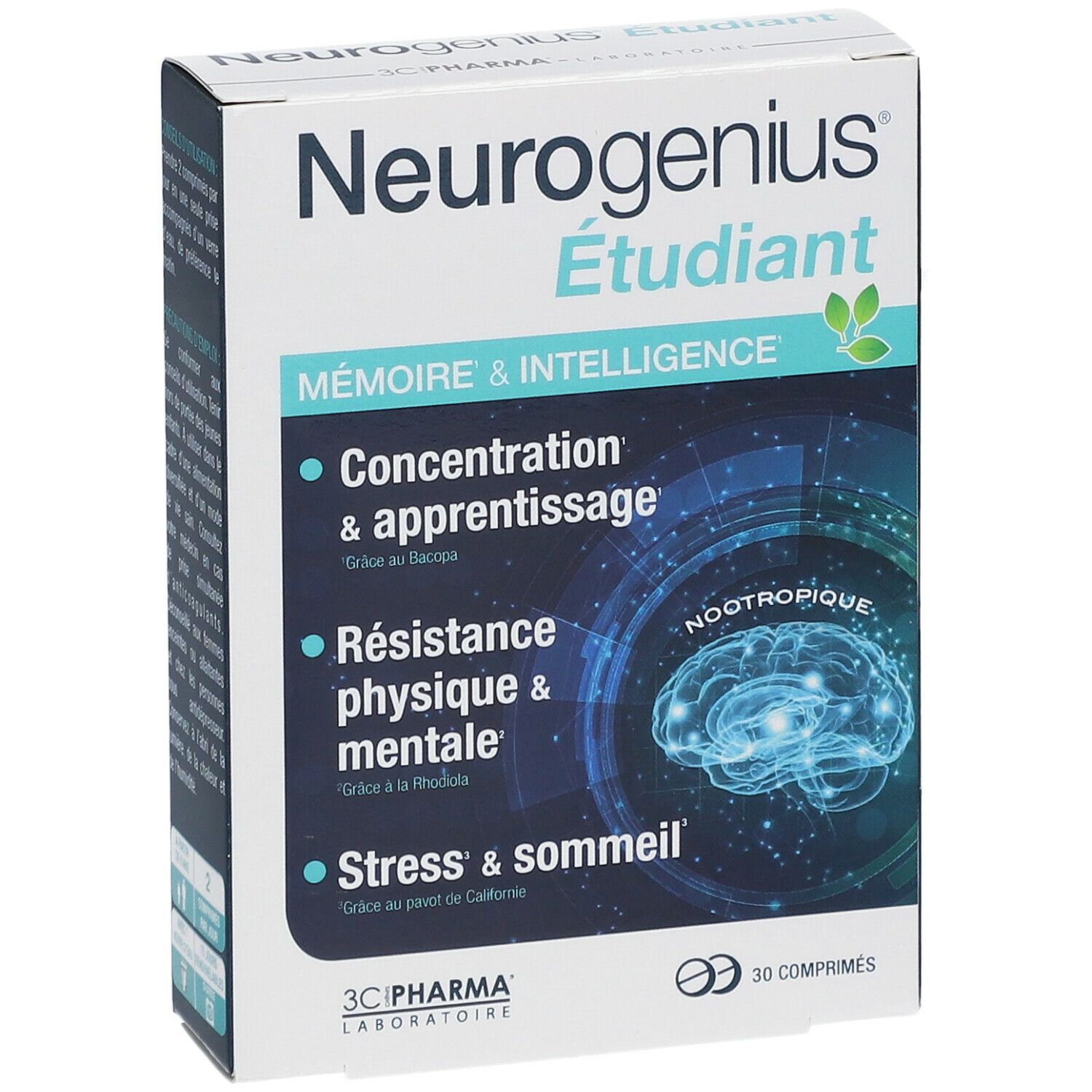 Vue de face de la boîte 3C PHARMA Neurogenius Étudiant. Inscription : Mémoire & Intelligence, 30 comprimés. Emballage bleu et blanc.