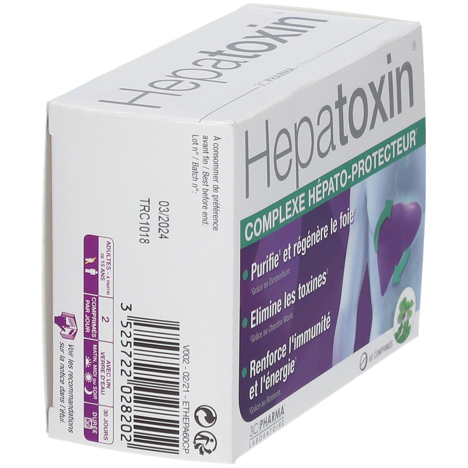 Boîte Hepatoxin en biais. Nom et description du produit sur carton blanc. Logo 3C Pharma. Date de péremption.