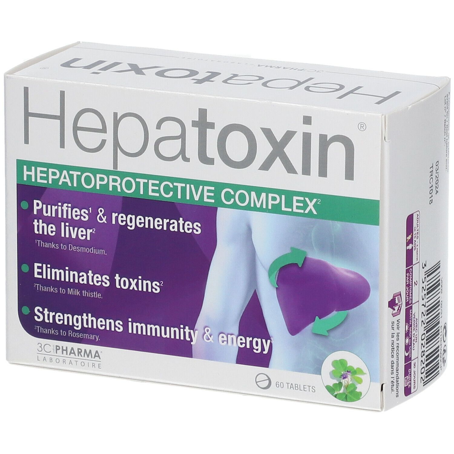 Boîte Hepatoxin. Carton blanc avec nom et description du produit. 60 comprimés. Logo 3C Pharma.