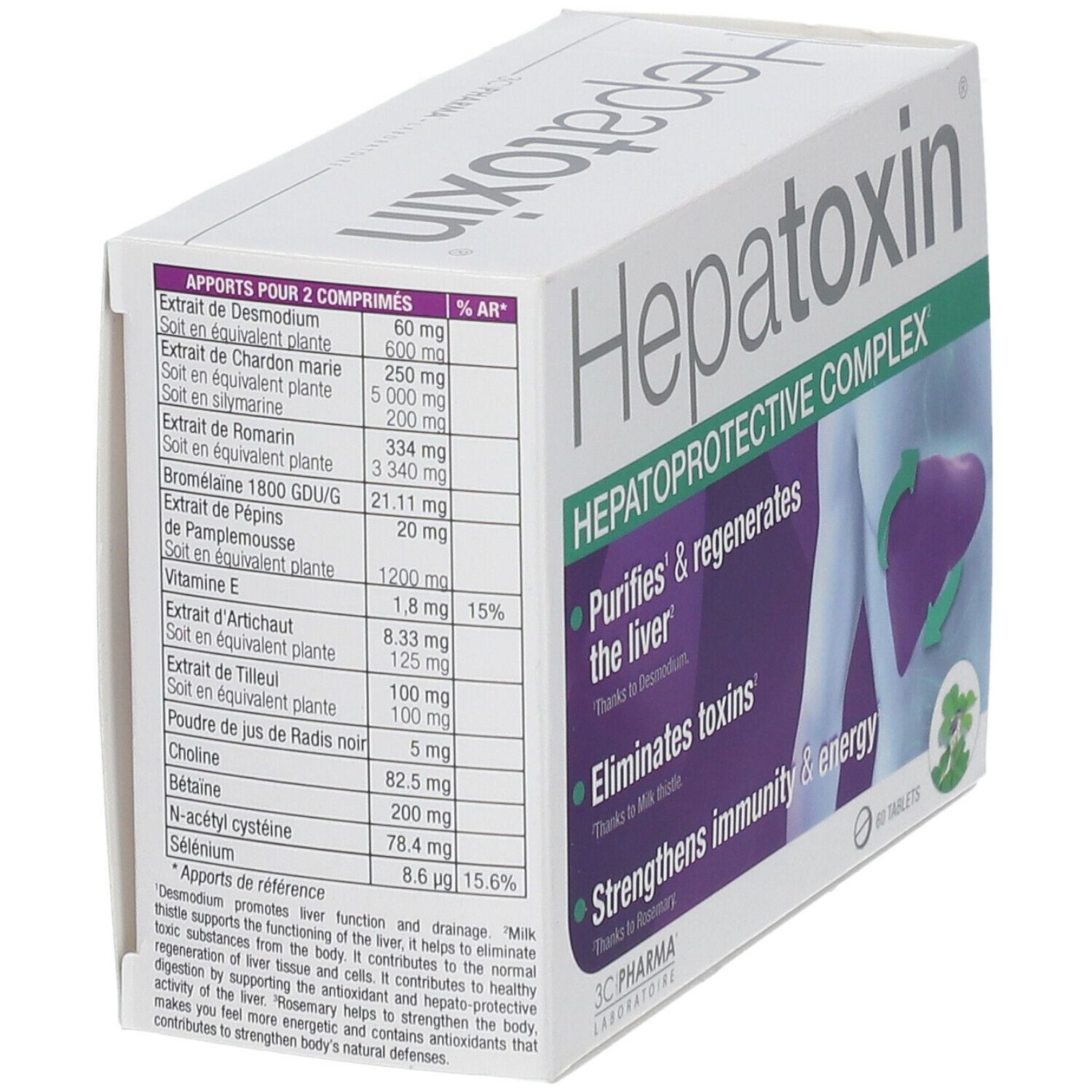 Boîte Hepatoxin en biais. Dos avec ingrédients et informations nutritionnelles. Logo 3C Pharma. 60 comprimés.