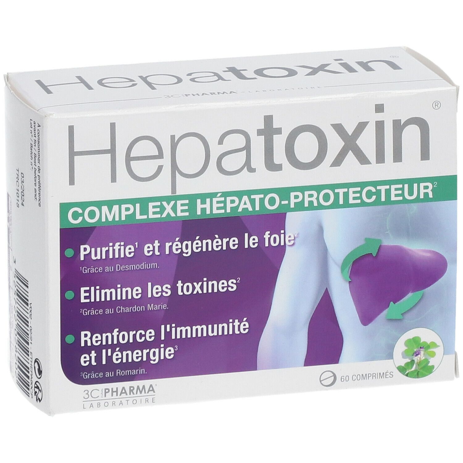 Boîte Hepatoxin. Carton blanc avec nom et description du produit. 60 comprimés. Logo 3C Pharma.