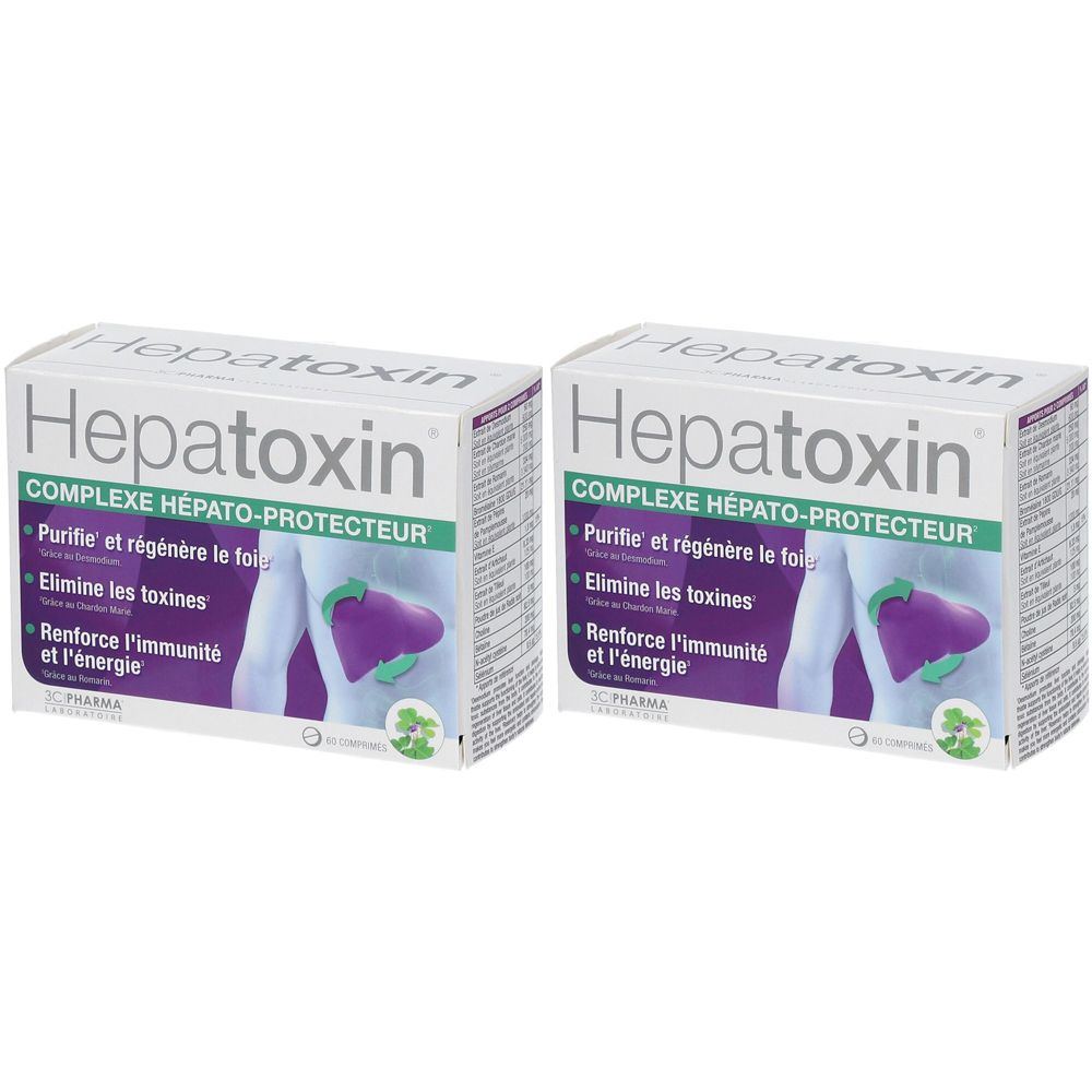 Deux boîtes Hepatoxin côte à côte. Cartons blancs avec nom et description du produit. Logo 3C Pharma.