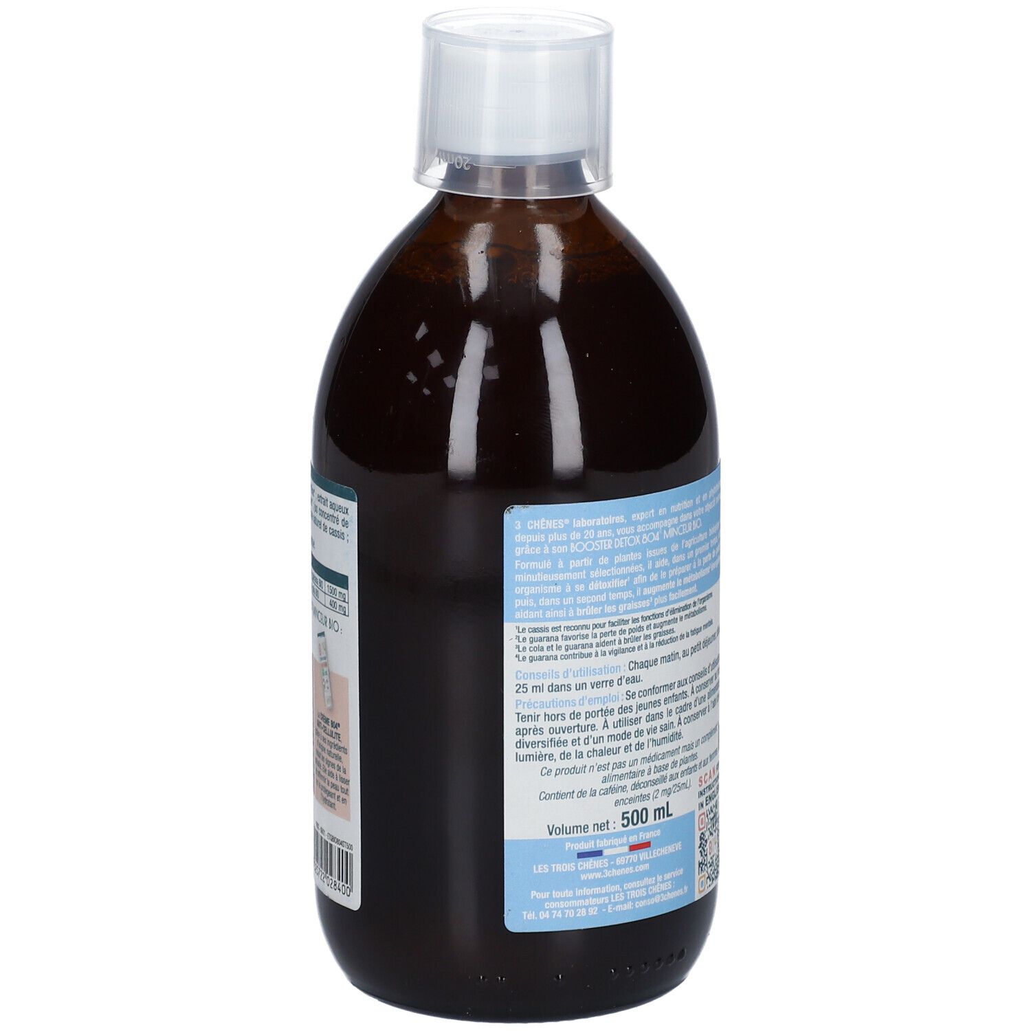 Vue arrière d'une bouteille de liquide brun avec bouchon blanc. Étiquette avec texte et informations. Volume: 500 ml.