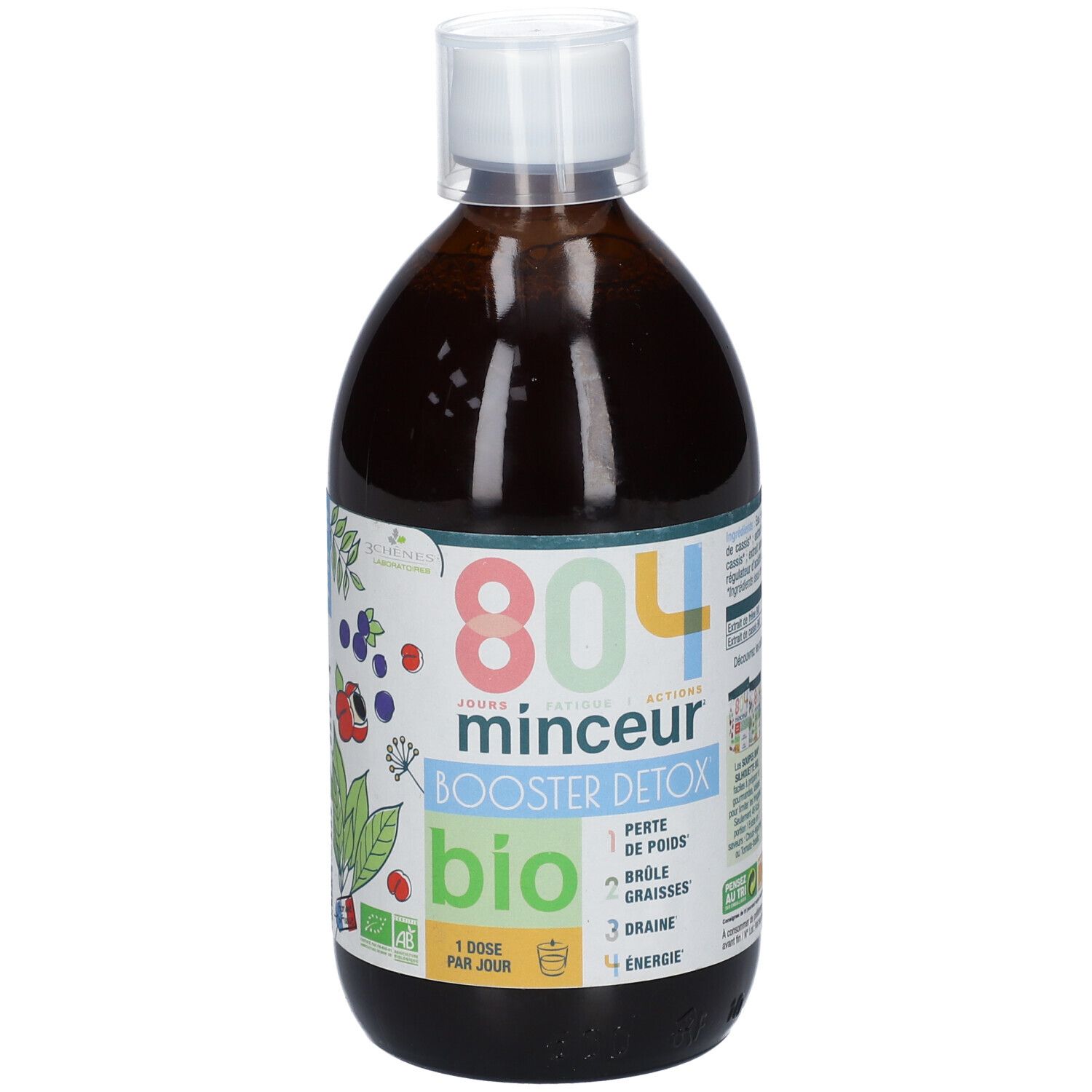 Bouteille de liquide brun avec bouchon blanc. Inscription: 804 Minceur Booster Detox BIO. Étiquette avec illustrations florales.
