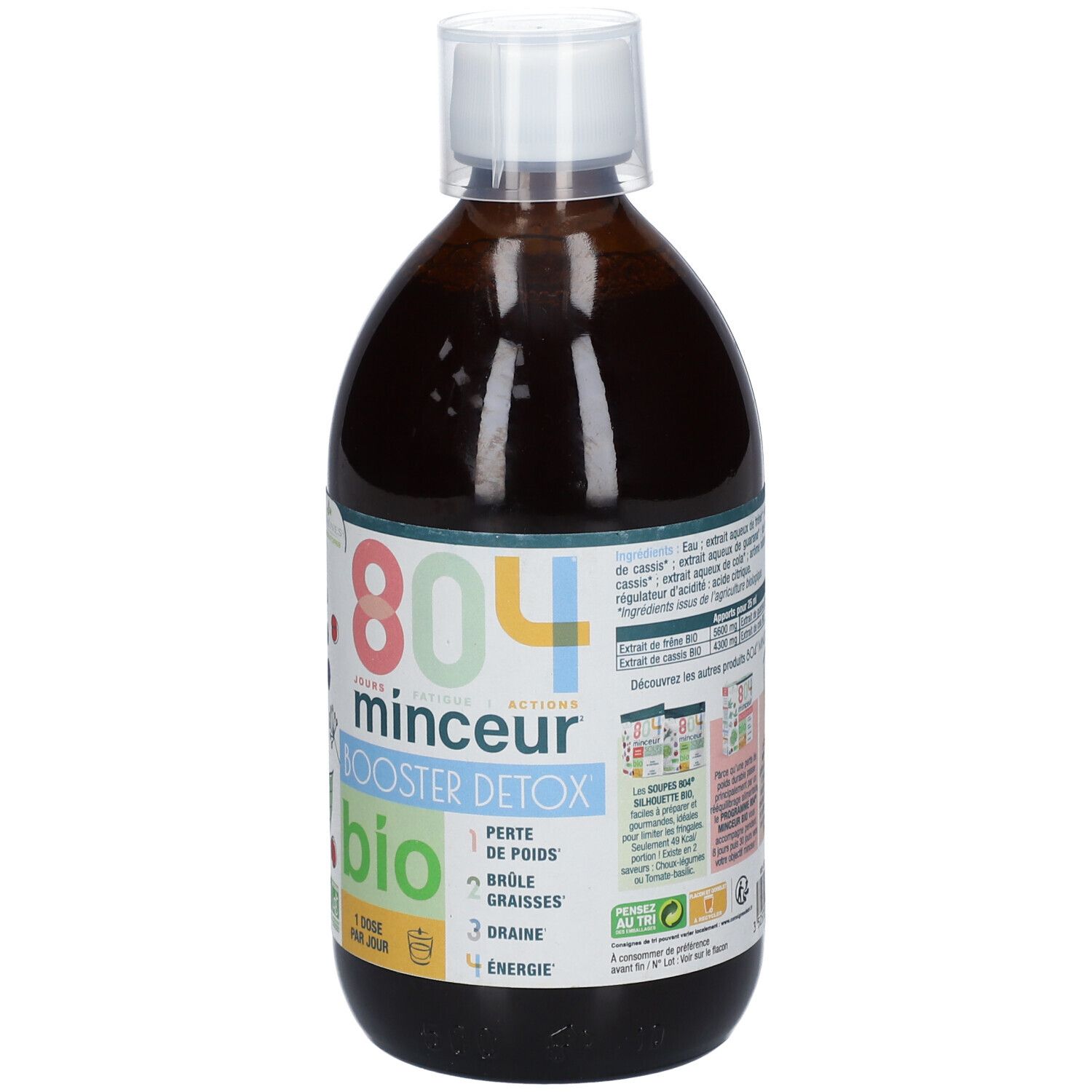 Bouteille de liquide brun avec bouchon blanc. Inscription: 804 Minceur Booster Detox BIO. Étiquette avec texte et illustrations.
