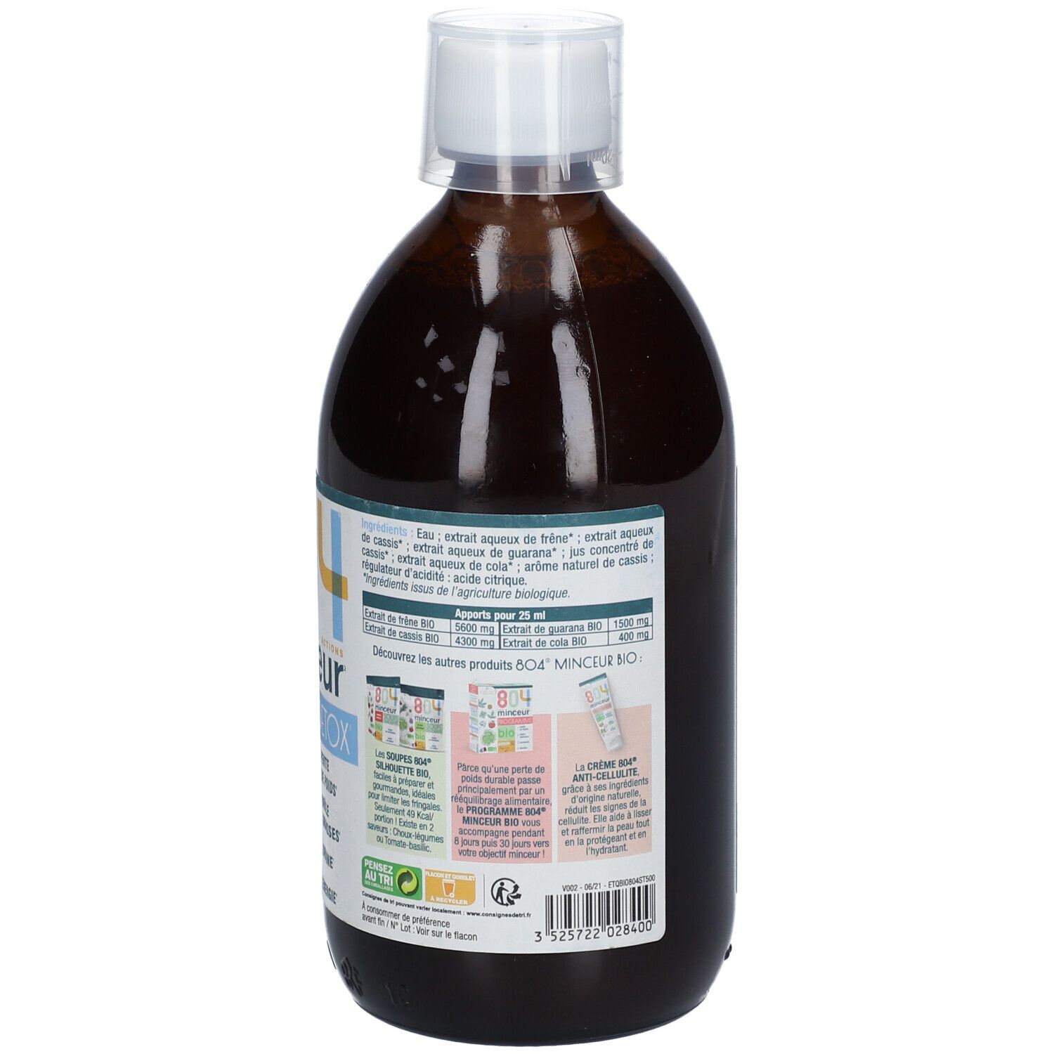 Vue arrière d'une bouteille de liquide brun avec bouchon blanc. Étiquette avec texte et informations. Code-barres.