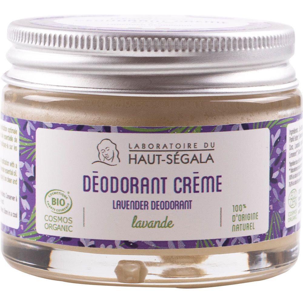Glas mit Deodorant Creme Lavendel. Label mit Logo und Text. Bio-Zertifizierung. Deckel aus Metall.